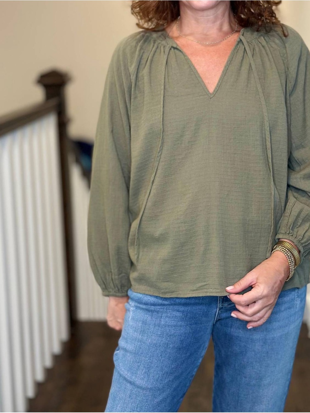 Olive Green V-Neck Poet Blouse -L